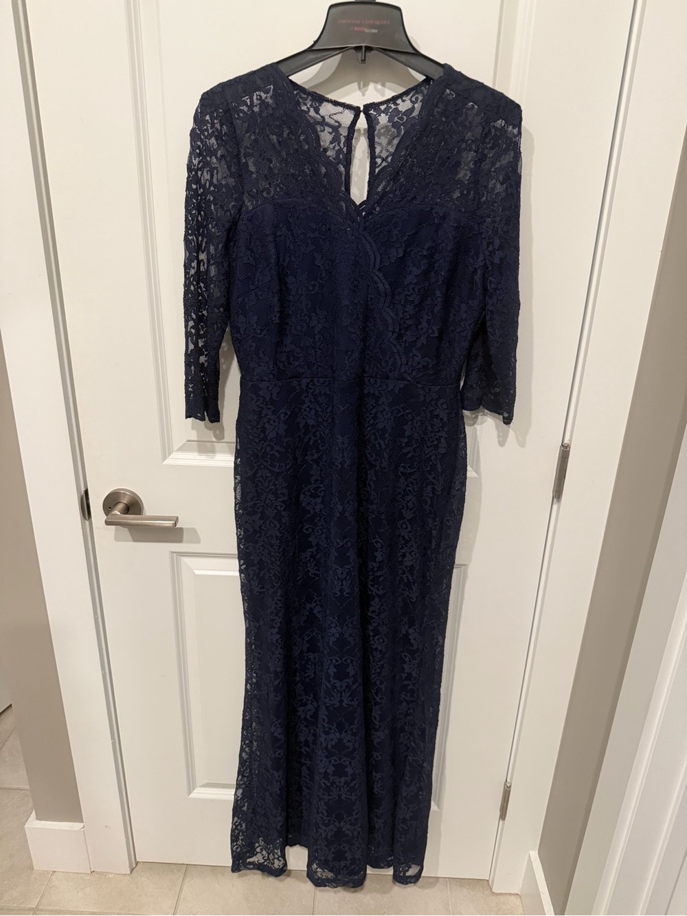 Navy Lace Maxi Dress with Three-Quarter Sleeves